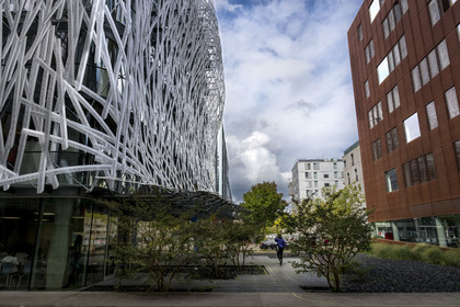 France, Loire-Atlantique (44), Nantes, Ile de Nantes, Manny immeuble de l'espace IDM (Agence d'architecture) habillé par l'oeuvre AIR de l'artiste Rolf Julius