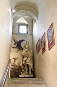 France, Aisne, Château-Thierry, Jean de La Fontaine Museum - city of Chateau-Thierry in the birthplace of the poet and writer, statue (19th century plaster) of Jean de La Fontaine by sculptor Gabriel Seurre in the grand staircase