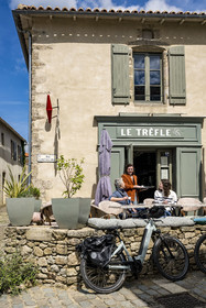 France, Vendee, Mallièvre, the terrace of the café Le Trèfle on rue du Haut in the town makes a magnificent stopover for cyclists on the Vendée Vélo Tour cycle route
