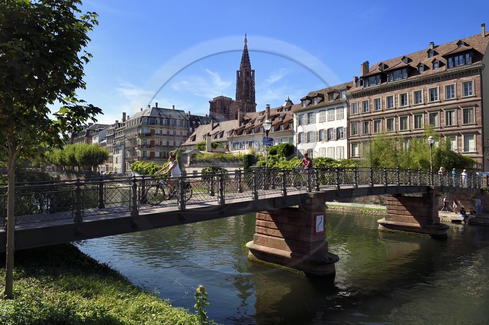 France, Bas-Rhin (67), Strasbourg, vieille ville classée Patrimoine Mondial de l'UNESCO, les bords de l'Ill face au quai des Bateliers, la cathédrale et la Passerelle de l'Abreuvoir