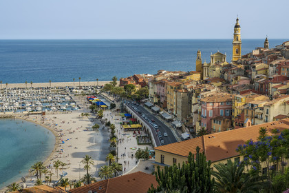 France, Alpes-Maritimes, Menton, the Sablettes beach at the foot of the old town