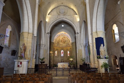 France, Dordogne,  Perigord Noir, Le Buisson de Cadouin, former cistercian Romanesque abbey church, stage on the Camino de Santiago (Way of St. James) listed as World Heritage by UNESCO