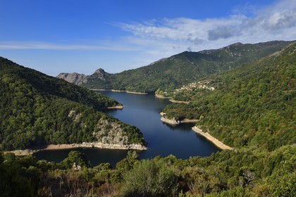 France, Corse du Sud, Prunelli river valley,  the village of Tolla at the edge of the artificial lake of Tolla from the Scalledda pass