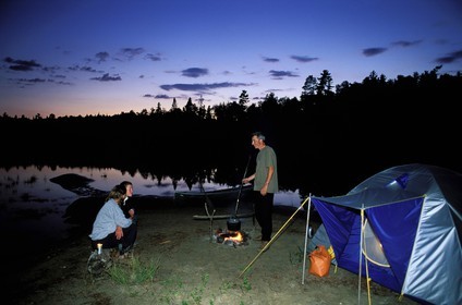 Canada, Quebec Province, La Verendrye Wildlife Reserve, Lake Victoria, preparing the coffee at the camp