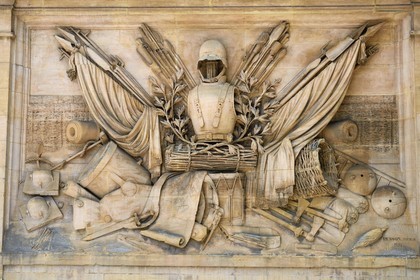 France, Moselle, Metz, Ney barracks, weapon trophy in high relief of the main entrance dating 1854