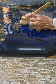 France, Hauts-de-Seine, Colombes, work of the french artist and lacquerer Isabelle Emmerique in her studio