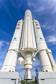 France, French Guiana, Kourou, Guiana Space Centre (Centre spatial guyanais, CSG) also called Europe's Spaceport, life-size replica of the Ariane V rocket