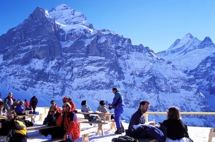 Switzerland, Bern Region (Bernese Oberland), Grindelwald, outside restaurant in the mountain