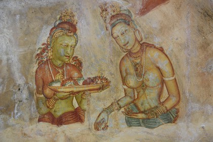 Sri Lanka, Central Province, Matale District, Sigiriya, Old city of Sigiriya listed as World Heritage by UNESCO, frescoes called The Young Ladies of Sigiriya in a Rock of the Lion cave
