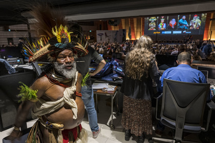 France, Paris, UNESCO Headquarters, conference at Earth University on November 25, 2022, Papuan Chief Mundiya Kepanga