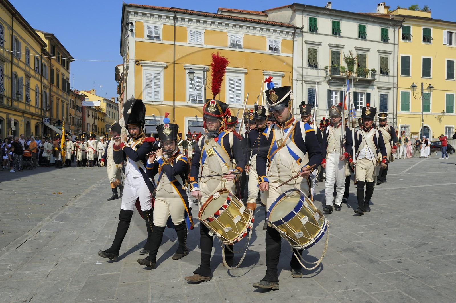 Italy, Liguria, Sarzana, Napoleon Festival, french soldiers of the Grande Armée of the 18th Heavy Infantry Regiment marching on the Piazza Matteotti