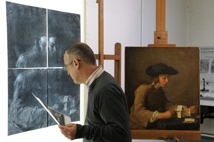 France, Paris, Centre for Research and Restoration of the Museums of France (C2RMF for Centre de recherche et de restauration des musées de France), Bruno Mottin curator, the painting le Château de Cartes (1737) from Chardin