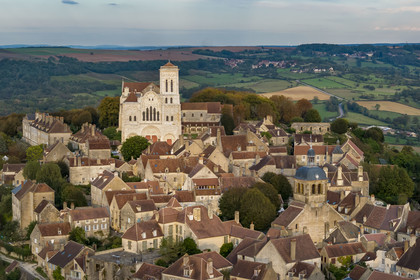France, Yonne, regional natural park of Morvan, Vézelay, a UNESCO World Heritage site, labelled Les Plus Beaux Villages de France, starting point of one of the main ways to Santiago de Compostela, the hill and the Basilica of Saint Mary Magdalene (aerial view)