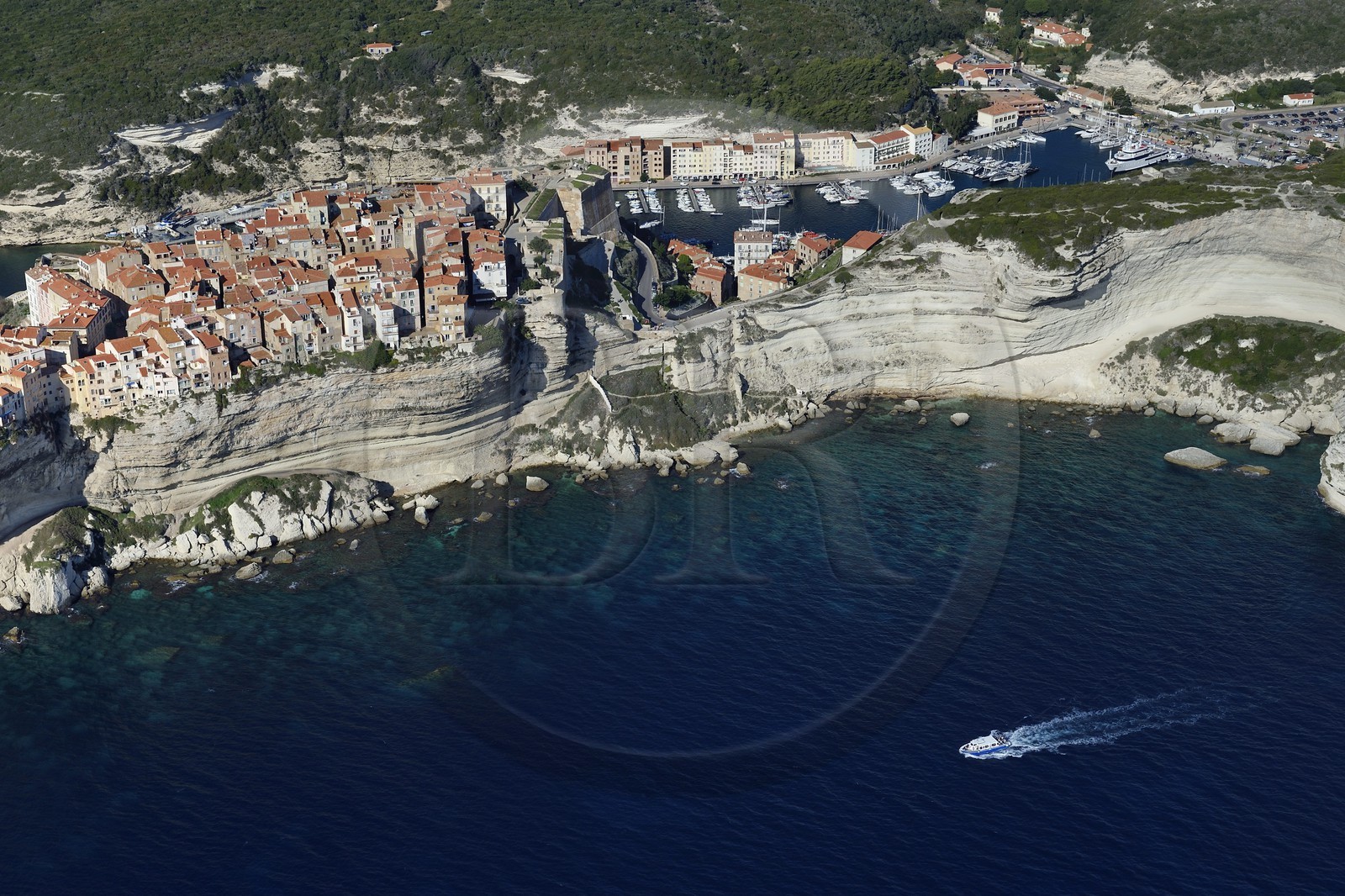 France, Corse-du-Sud (2A), Bonifacio, les falaises calcaires, la citadelle et la vieille ville (vue aérienne)