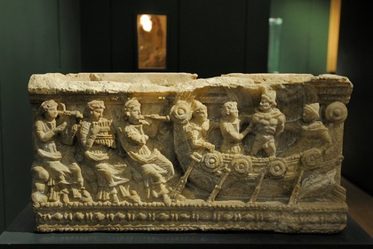 Italy, Tuscany, Val di Cecina, Volterra, Museo Etrusco Guarnacci (Guarnacci Etruscan Museum), albaster cinerary (funerary) urn