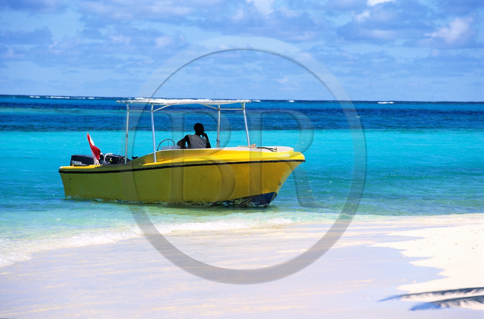 Caraïbes, Saint-Vincent et les Grenadines, archipel des Tobago Cays, hors bord sur la plage d'une petite île inhabitée