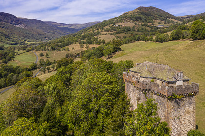 France, Cantal (15), Parc Naturel Régional des Volcans d’Auvergne, Brezons, donjon du château de la Boyle du XVe siècle dans la vallée de Brezons et le col de la Griffoul en arrière plan à droite (vue aérienne)