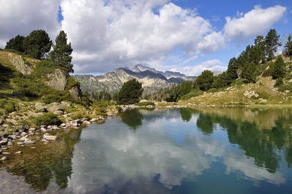 France, Hautes Pyrenees, Saint Lary Soulan and Vielle-Aure, hike on a variant of the GR10 between the Portet pass and the Bastan lakes on the edge of the Neouvielle nature reserve, lower Bastan lake and the Neouvielle massif in the background