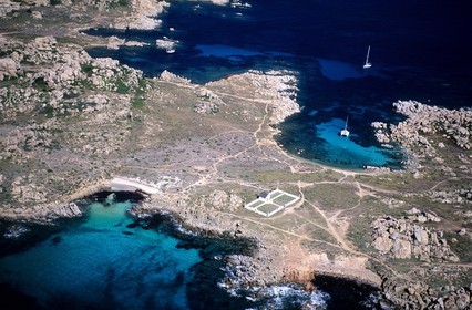 France, Corse du Sud, boats anchored in Lavezzi islands archipelago (aerial view)