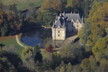 France, Indre et Loire, Loire Valley listed as World Heritage by UNESCO, Chateau d' Azay le Rideau (aerial view)