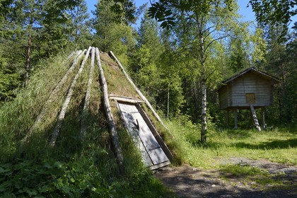 Sweden, Vasterbotten County, Umea, Gammlia Open-Air Museum and Vasterbotten museum, reconstruction of a native Sami people camp, the accommodation left and the barn right