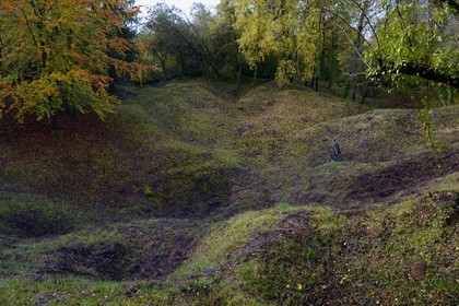 France, Meuse, Lorraine Regional Park, Cotes de Meuse, Les Eparges, traces of fighting of one of the bloodiest battles of the First World War, crater resulting from mine explosions for control of the point X that dominates the plain and shell holes