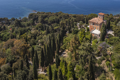Italy, Liguria, Province of Imperia, Ventimiglia, Hanbury Botanical Garden around the Palazzo Orengo (aerial view)