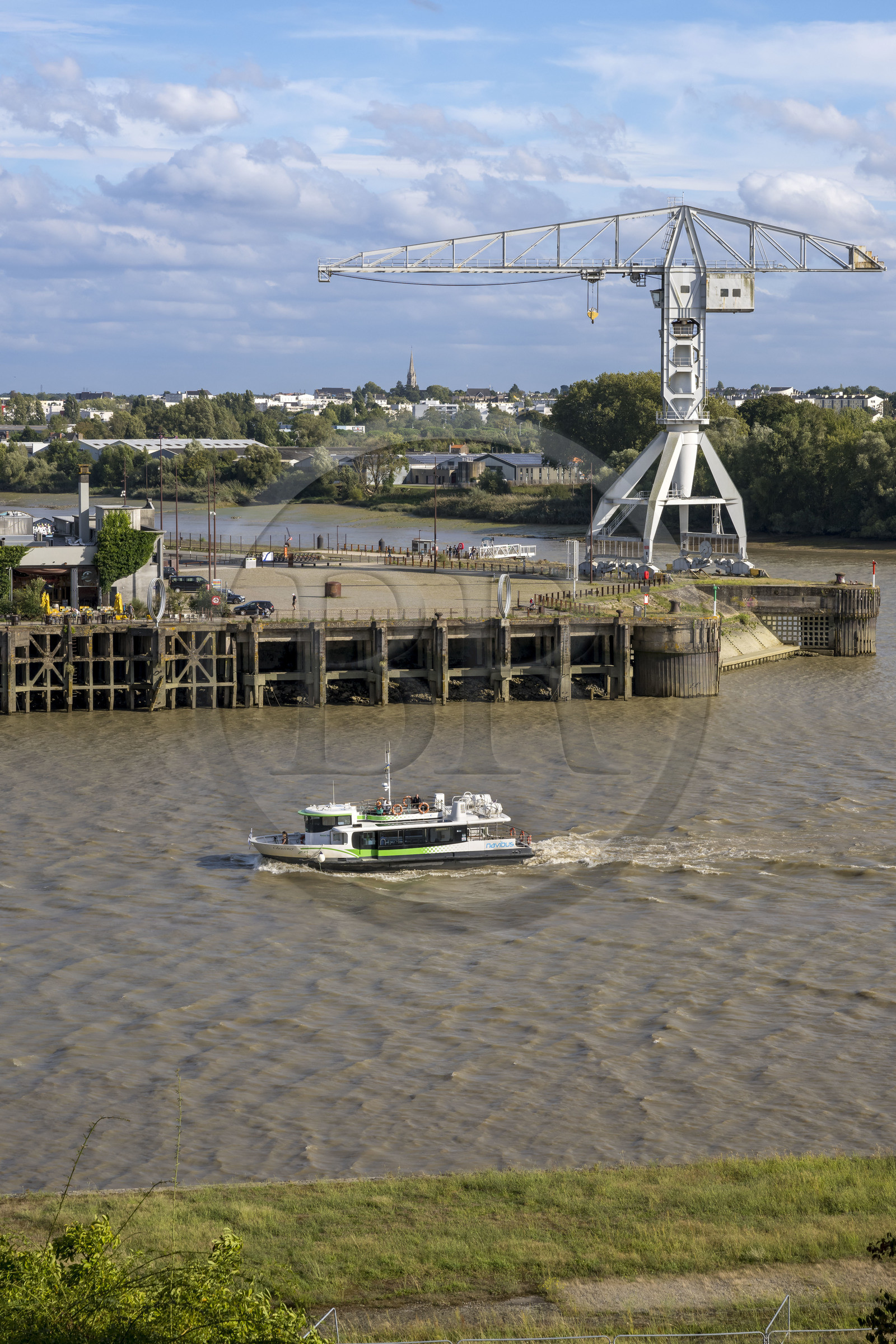 France, Loire-Atlantique (44), Nantes, Ile de Nantes, le Navibus passant devant le Hangar à Bananes sur les quais de Loire, la Grue Titan grise en arrière plan, vue depuis les hauteurs de Chantenay