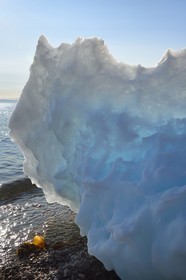 Groenland, cote Nord-Ouest, Smith sound au nord de la baie de Baffin, Inglefield Land, site de Etah dans le Foulke fjord, campement inuit aujourd'hui abandonné qui servit de base à plusieurs expéditions polaires, petit icebeg sur la plage