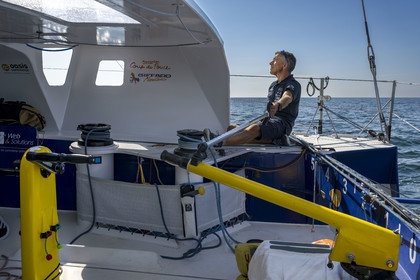 France, Vendee, Les Sables d'Olonne, skipper Manuel Cousin training on his 60-foot monohull sailboat IMOCA Coup de Pouce
