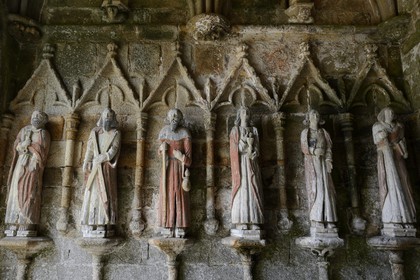 France, Cotes-d'Armor, Plouha, Kermaria an Iskuit chapel, polychrome wooden statues of the twelve apostles under the porch