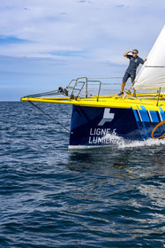 France, Vendee, Les Sables d'Olonne, skipper Manuel Cousin training on his 60-foot monohull sailboat IMOCA Coup de Pouce