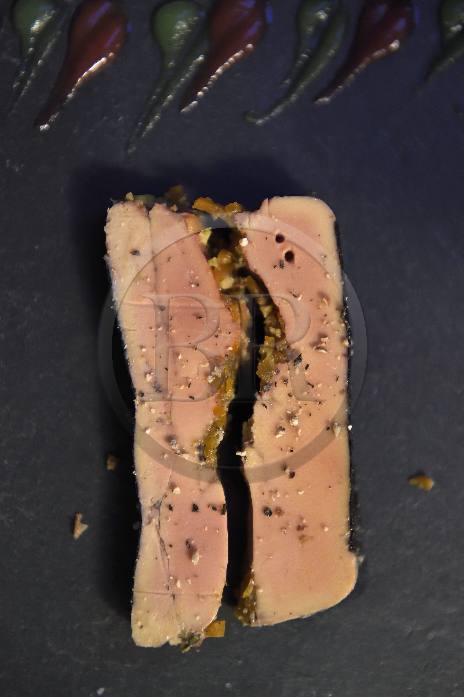 France, Dordogne (24), Périgord Noir, vallée de la Dordogne, Sarlat-la-Canéda, passage Henri de Ségogne, restaurant Les Jardins d'Harmonie, foie gras France, Dordogne (24), Périgord Noir, vallée de la Dordogne, Sarlat-la-Canéda, passage Henri de Ségogne, restaurant Les Jardins d'Harmonie, foie gras