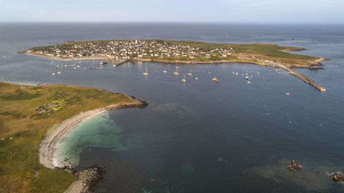 France, Finistère, Iroise Sea, Molene archipelago, Molene Island and the Ledenez Vraz islet in the foreground (aerial view)
