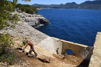 France, Bouches du Rhone, Cassis, National Park of the Calanques, Cassis bay, Cacau Point, restoration of Hoppers by roped workers of Alpes de lumière association