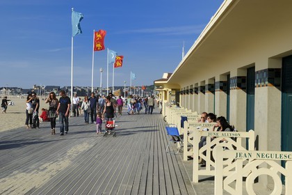 France, Calvados, Pays d'Auge, Deauville, the beach, Promenade des Planches (stage walk) in honour of the cinema directors and actors