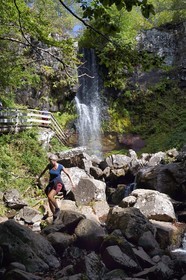 France, Cantal, Parc Naturel Régional des Volcans d'Auvergne (regional nature park of Auvergne volcanoes), Brezons valley, hamlet of Sanissage, the Saut de la Truite (trout jump) waterfall