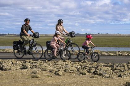 France, Vendée (85), île de Noirmoutier, Barbatre, cyclistes sur le passage du Gois, chaussée submersible qui relie l'île au continent à marrée basse