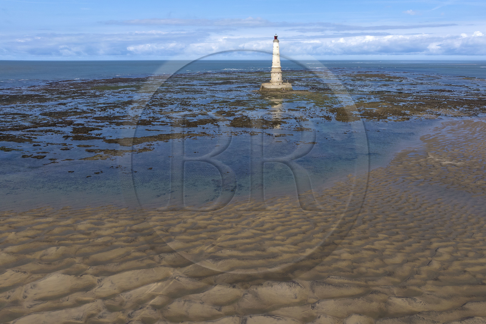 France, Gironde, Verdon sur Mer, rocky plateau of Cordouan at low tide, lighthouse of Cordouan, listed as World Heritage by UNESCO (aerial view) France, Gironde, Verdon sur Mer, rocky plateau of Cordouan at low tide, lighthouse of Cordouan, listed as World Heritage by UNESCO (aerial view)