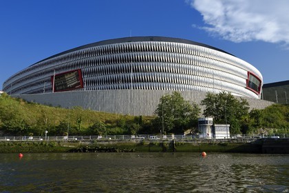Spain, Basque Country, Biscay Province, Bilbao, the San Mamés Stadium (2013) by architect Norman Foster next to the Ria de Bilbao