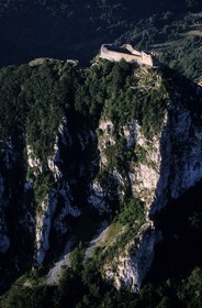 France, Ariege, Pays d' Olmes, Cathar Castle of Montsegur perched on rock (aerial view)