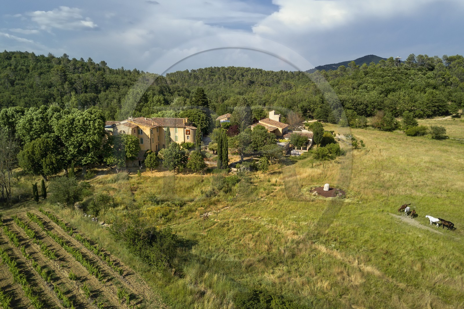 France, Var (83), Provence Verte, Bras, vers Saint-Maximin-la-Sainte-Baume, la maison d'hotes Le Peyrourier - une campagne en Provence (vue aérienne)