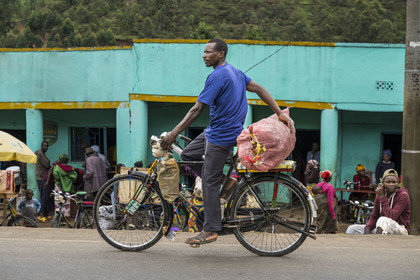 Rwanda, Province du Nord, District de Musanze (Ruhengeri), jour de marché à Muryabazira sur la Route Nationale 4 entre Kigali et Ruhengori, transport de gros sacs sur une bicyclette, les bicyclettes sont le principal moyen de transport local