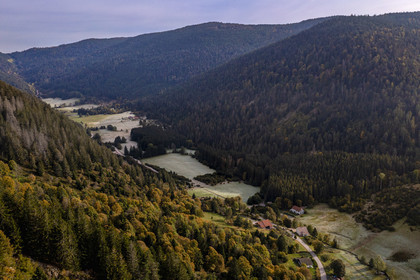 France, Vosges, Le Valtin, village in the upper valley of the Meurthe with the morning frost (aerial view)