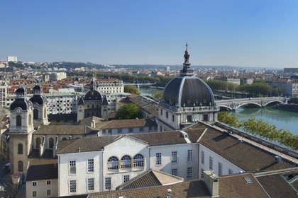 France, Rhone, Lyon, historical site listed as World Heritage by UNESCO, the hospital of Hotel Dieu and the Grand dome overlooking the Rhone river