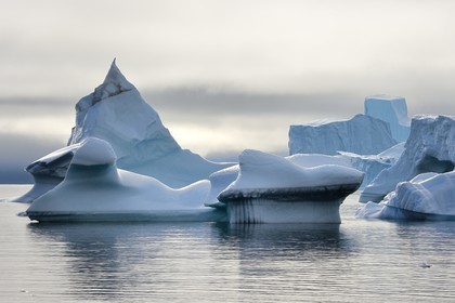 Greenland, west coast, Disko Island, Qeqertarsuaq village bay, icebergs in the mist