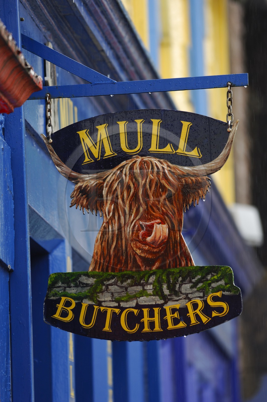 Royaume-Uni, Ecosse, Highland, Hébrides intérieures, Ile de Mull, port de Tobermory, enseigne de boucherie