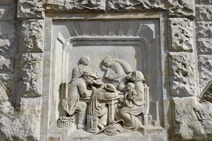 France, Moselle, Metz, Imperial district, railway station, built between 1905 and 1908 by the Berliner architect Jurgen Kruger, bas-relief representing the 3rd class popular train station restaurant