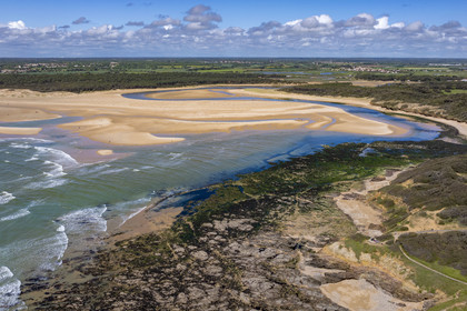 France, Vendée (85), Jard-sur-Mer, la Pointe du Payré, la plage du Veillon et estuaire de la rivière Payré (vue aérienne)