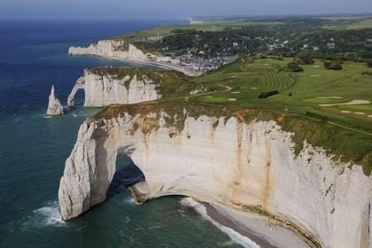 France, Seine Maritime, Pays de Caux, Cote d'Albatre, Etretat, Aval Cliffs, the Aiguille Creuse and golf course (aerial view)